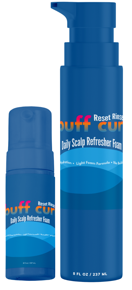 Two buff curl Reset Rinse foam bottles, 8 fl oz and travel size, in deep cobalt blue