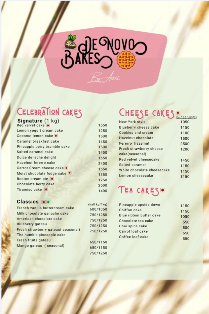 De Novo Bakes Cakes Menu